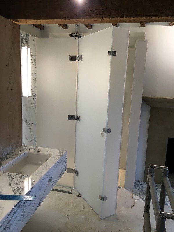 Bespoke frosted glass shower enclosure in Walworth luxury bathroom